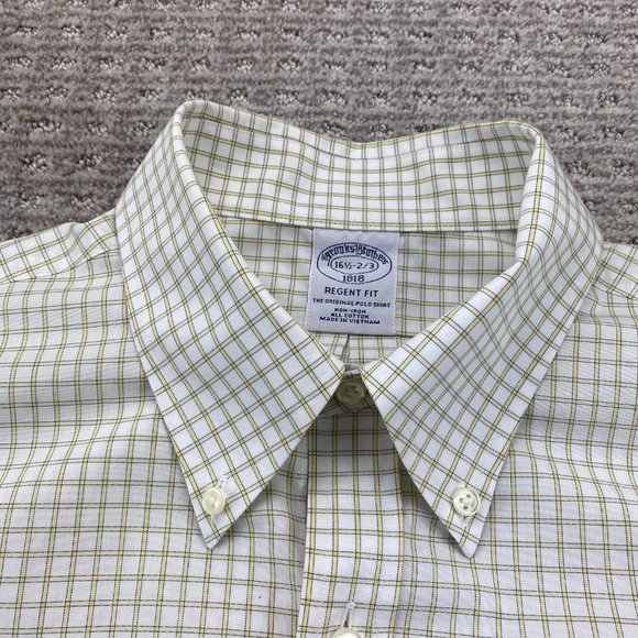 Brooks Brothers Regent Fit Shirt Men 16.5 - 2/3 1818 Beige Yellow Checkered Polo - Picture 4 of 11